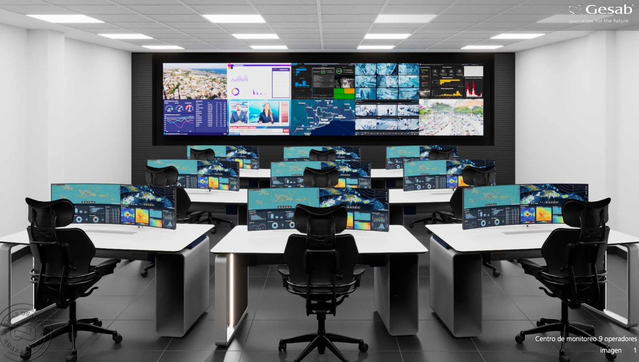 Centro de control de monitoreo — sala de operaciones con videowall